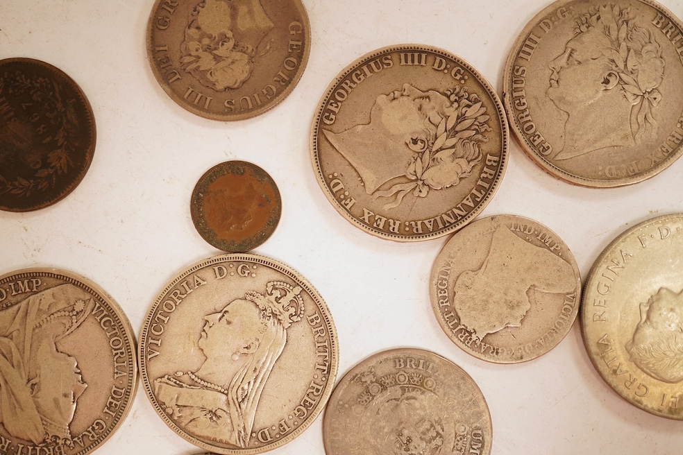 British coins, including silver crowns, George III, Victoria, George V, Victoria double florins, etc.